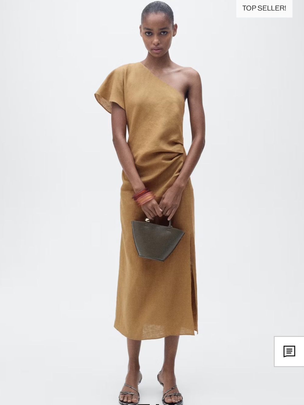 Mango One-Shoulder Asymmetrical Midi Dress in Camel